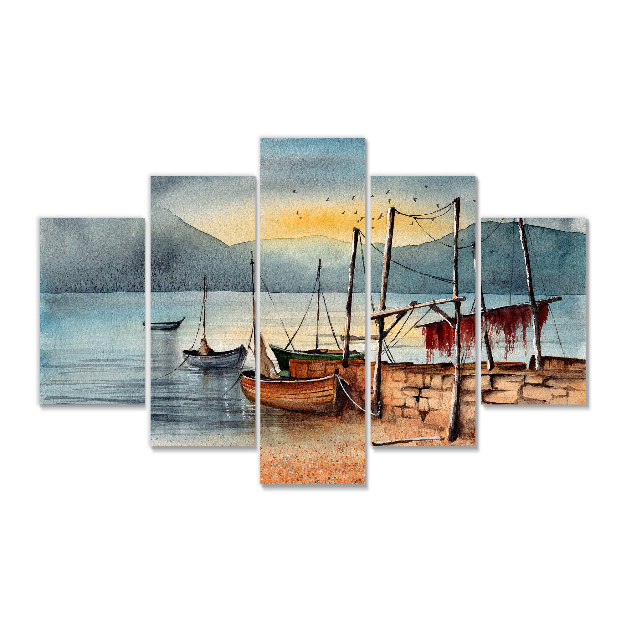Several Fishing Boats In The Harbor Of The Lake II On Canvas 5 Pieces  Painting