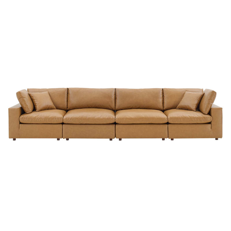 Modway Commix Down Filled Overstuffed Vegan Leather 4-Seater Sofa, Tan Faux Leather