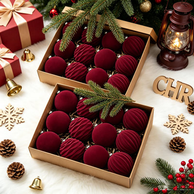 Paquet de 24 ornements de Noël en velours floqués, boules de sapin de Noël incassables de 3,15 pouces (8 cm), babioles texturées lisses et nervurées, décorations de Noël neutres pour maison de campagne, ensemble de boîtes-cadeaux pour arbre de Noël, guirlande et manteau de cheminée
