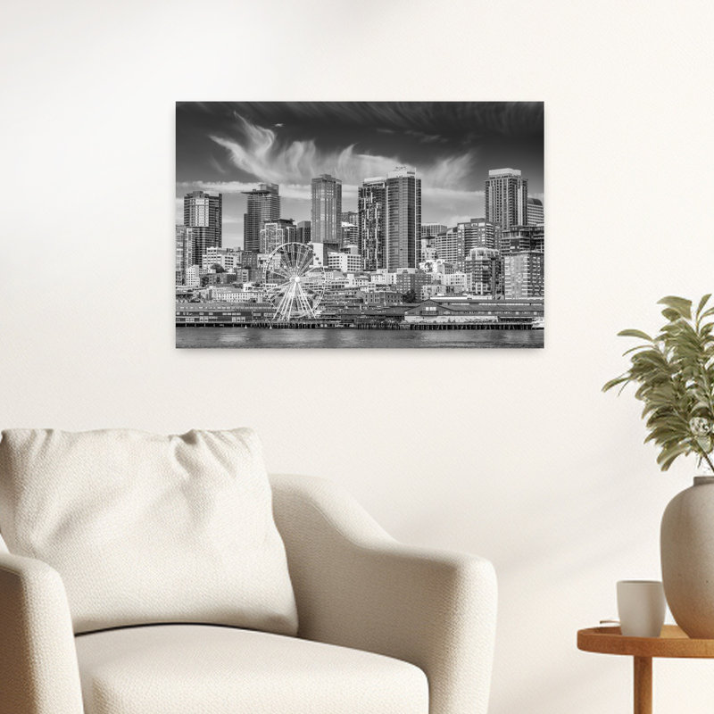 Seattle Skyline Ferris Wheel Modern Abstract Architecture City Wall Art Print 1 Piece Wrapped Canvas Wall Art