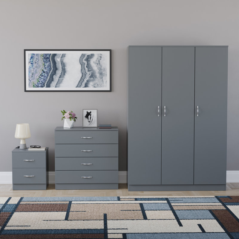 Maybery 3 Piece Bedroom Set (2 Drawer Bedside Chest, 4 Drawer Chest, 3 Door Wardrobe), (5), Grey