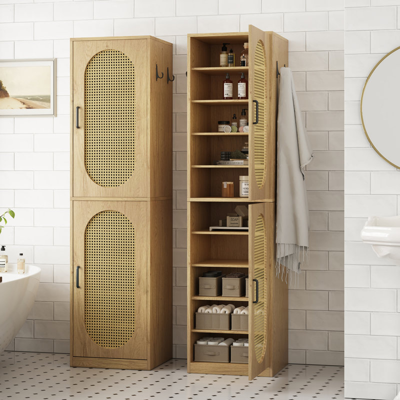 Armoire de salle de bain de 66 pouces avec portes en rotin et 4 crochets, armoires de salle de bain étroites avec tablettes réglables