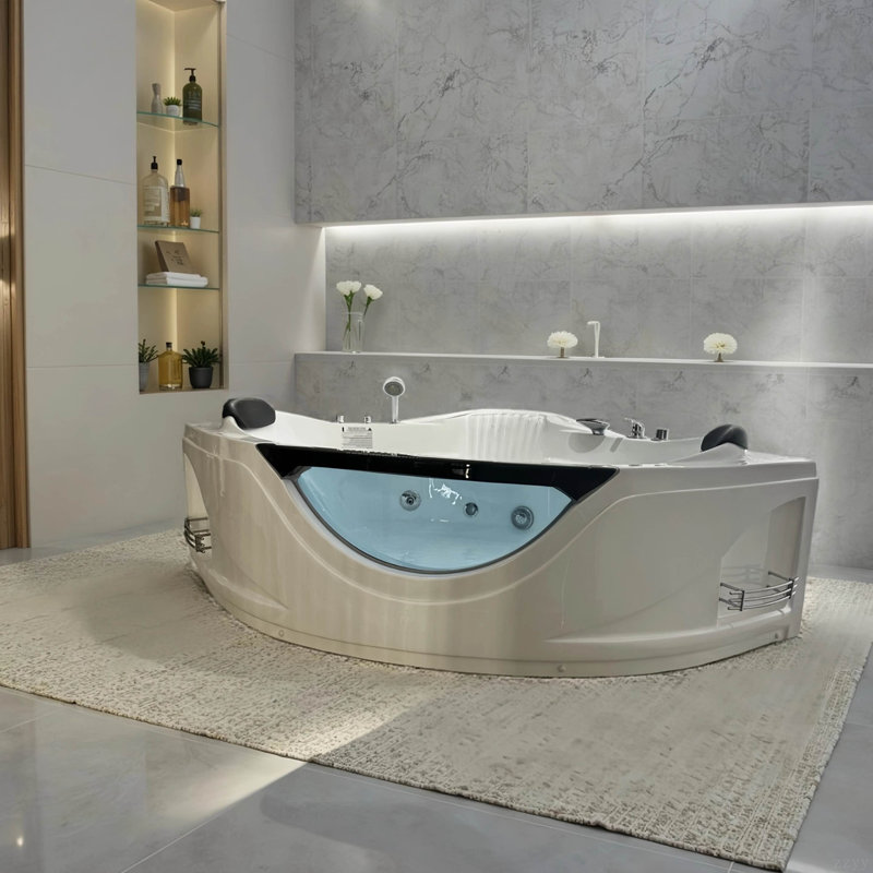 59" Corner Whirlpool Bathtub For 2-Person, Luxury Jetted Spa Tub With 6 Hydro Massage Jets, Chromatherapy LED Lights &Pneumatic Adjust System,  Water Pump,Drainer