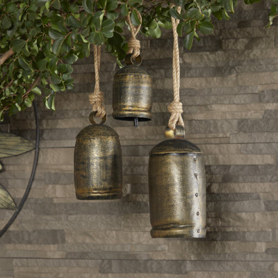 Kaskaskia Metal Tibetan Inspired Indoor Outdoor Decorative Cow Bells with Jute Hanging Rope Set