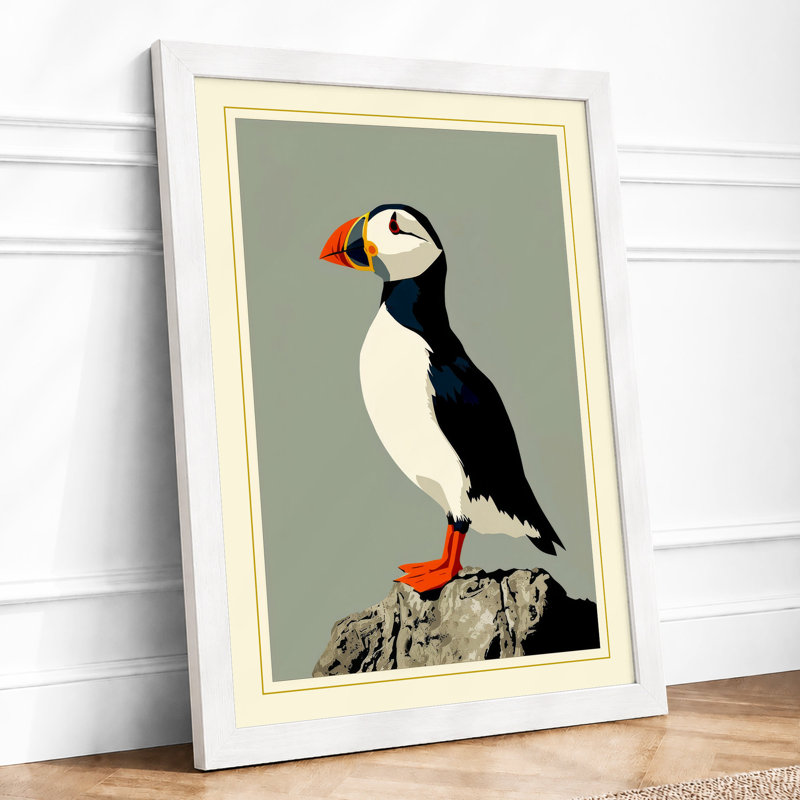 Puffin on Stone Japandi - Framed Print, A3 - 42.0 x 29.7 cm, White
