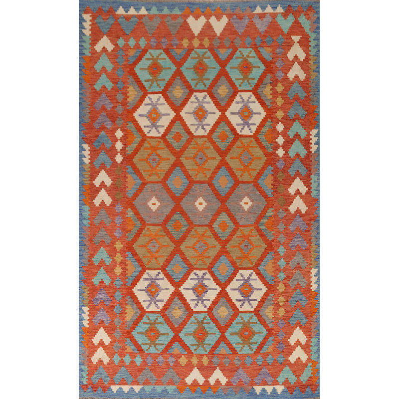 Tapis orange / rouille à motif géométrique tissé à plat à la main 6 pi 7 po x 9 pi 10 po