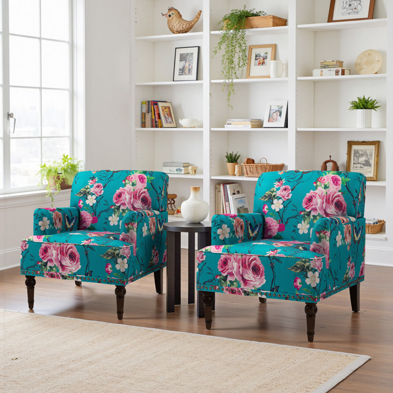 Iliana Upholstered Floral Cotton Blend Armchair with Solid Wood Legs and Nailhead Trim, Pink Floral Linen