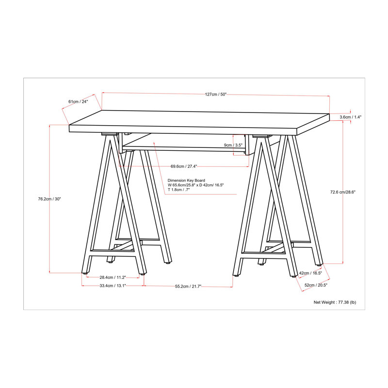 Sawhorse Industrial 50" Solid Wood and Metal Desk with Keyboard Tray in Distressed Grey
