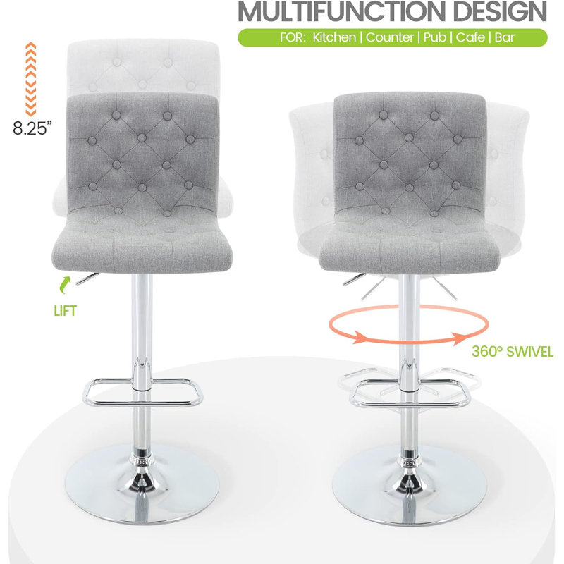 Tufted Fabric Bar Stools Set of 2, Adjustable Swivel Counter Height Barstools with Back, Upholstered Armless Airlift Bar Chairs for Kitchen Dining Cafe