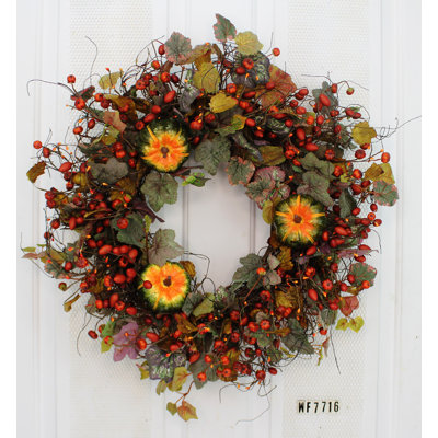 Couronne en soie 22 po citrouille citrouille et hypericum baies