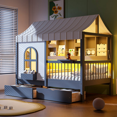 Structure de lit simple avec 2 grands tiroirs de rangement, bibliothèque latérale et bande lumineuse à DEL, lit plateforme avec rangement pour enfants, gris