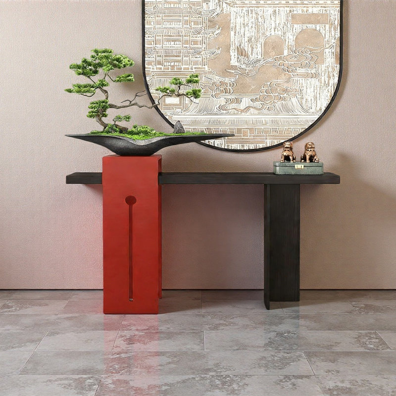 Console de hall d'entrée en bois massif, Rouge / Noir, 35.43" H x 63" W x 11.81" D