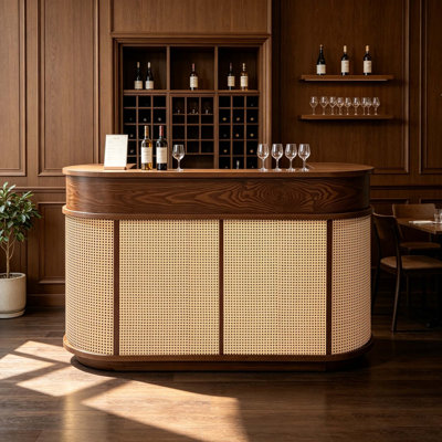 Comptoir de bar moderne incurvé avec panneaux tissés et grand plateau, bar indépendant pour restaurant, café, salon et espace de divertissement