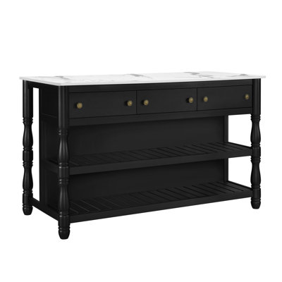 Rowan 58-Inch Traditional Pine Wood Kitchen Island with Faux Marble Top, 3 Drawers & 2 Open Shelves