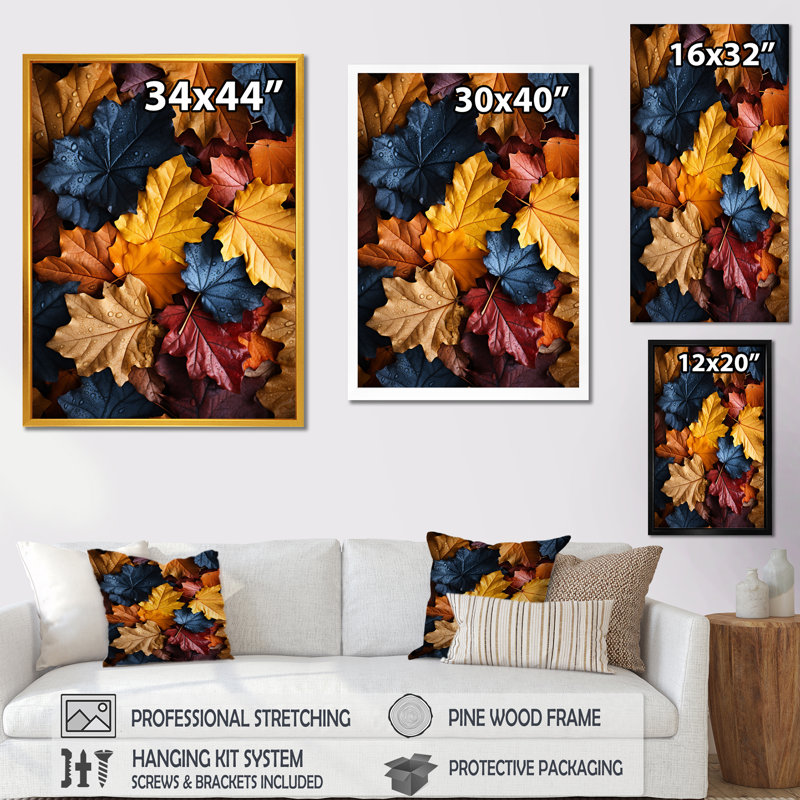 «Yellow Autumn Maple Leaves I» - art mural feuilles, Cadre flottant doré, H 44 po x l 34 po x P 1,5 po