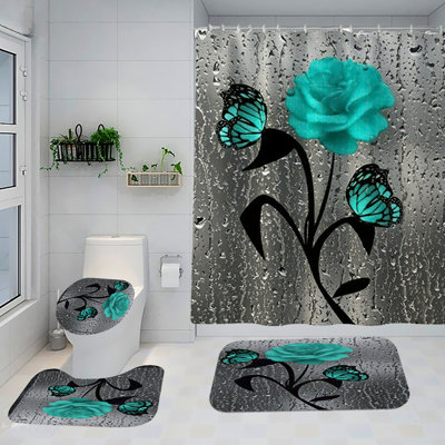 Ensemble de salle de bain 4 pièces Bohemian Garden | Rideau et doublure de douche à motif floral résistant à l'eau, tapis antidérapant, crochets | Décor vibrant et moderne