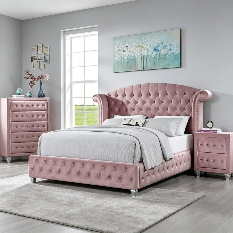 Grand lit tapissier rose en flanelle, Grand