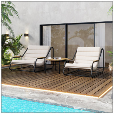 Ensemble de 3 chaises longues polyvalentes pour l'extérieur, chaise longue de patio avec table d'appoint en acacia, chaises longues de piscine pour pelouse, terrasse, plage, beige et blanc