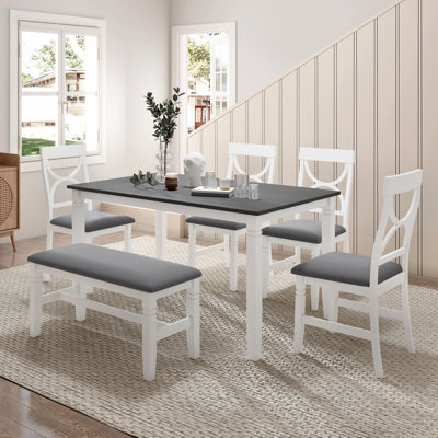 Ensemble de table de salle à manger en bois 6 pièces avec banc rembourré et 4 chaises de salle à manger, style campagne, gris et blanc