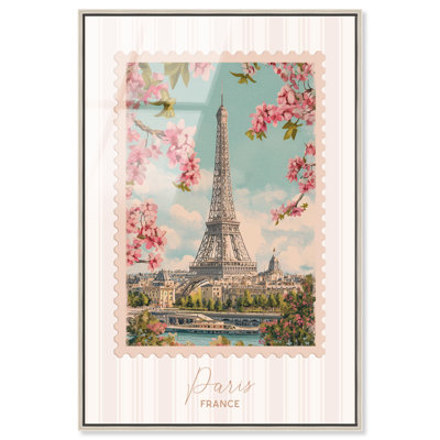 «Paris Travel Stamp», reproduction d'art encadrée, affiche par Art Remedy, cadre argenté, 16 x 24