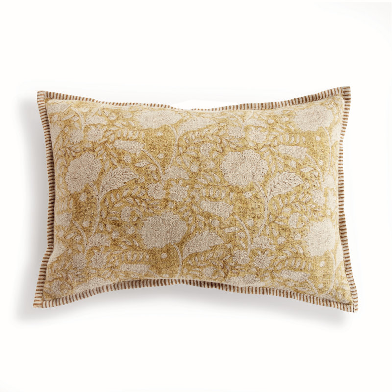 Jules European Flax Fiber Pillow Cover & Insert, Rectangle 14" H x 20" W, Piped Edge, Yellow/Floral