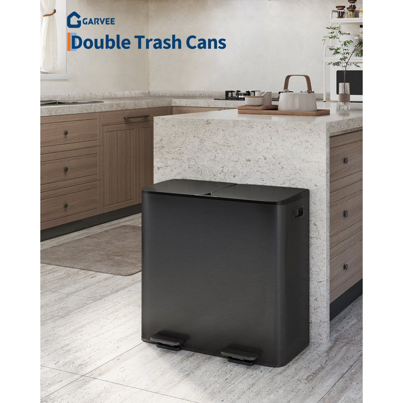 Grande poubelle de cuisine noire à double compartiment avec filtre à odeurs à couvercle en acier inoxydable 80L