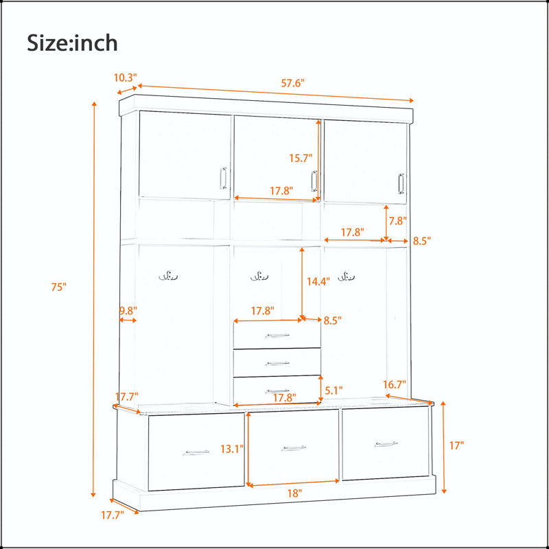 75" Hall Tree with Bench, 6 Drawers, 3 Cabinets & 3-Tier Top Storage, White