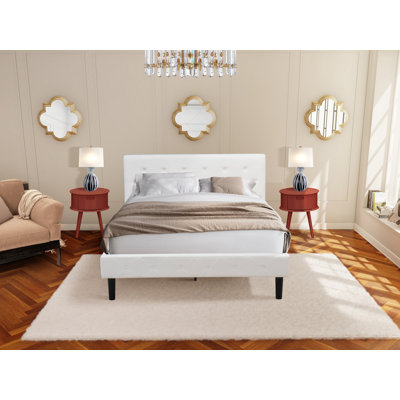 3 Piece Queen Bed Set - Button Tufted Bed frame - Linen white Velvet Fabric Upholstered Headboard and a Burgundy Finish Nightstand