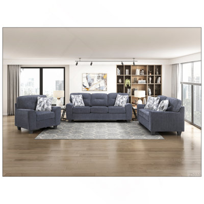 Ensemble de canapé-lit contemporain contemporain bleu 3 pièces avec causeuse en chenille durable et coussins décoratifs en bois