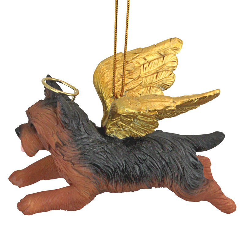 Yorkie Angel Ornament with Golden Wings in Resin