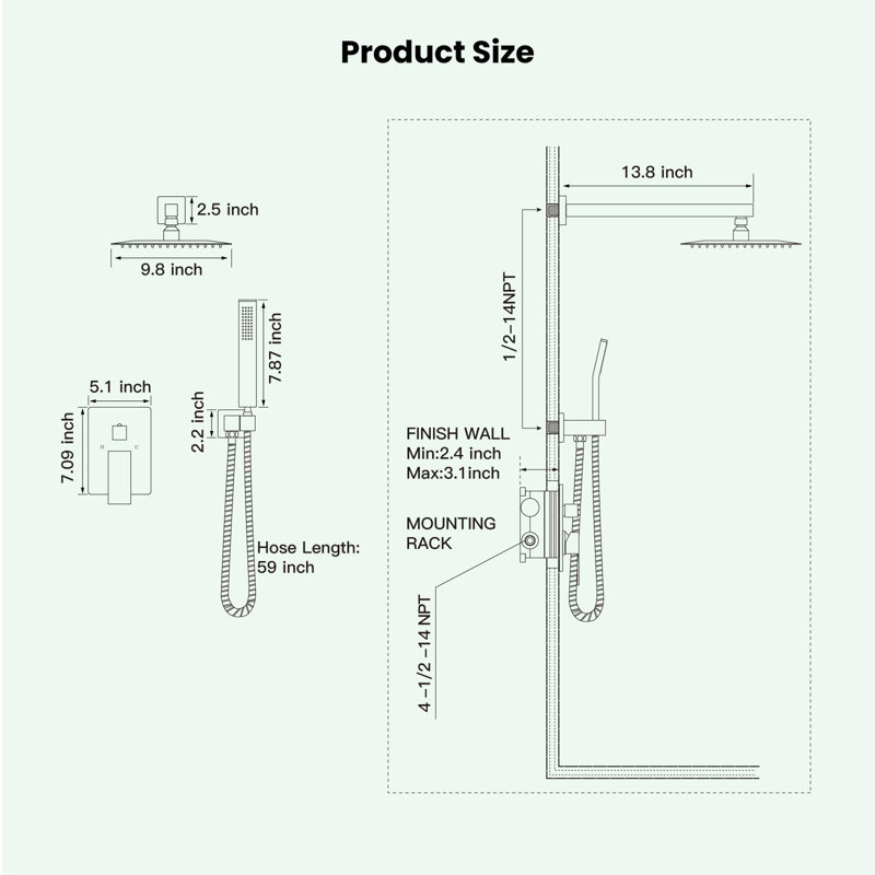 10-Inch Square Rain Shower Head, Handheld Shower, 59-Inch Shower Hose, 13.7-Inch Shower Arm, Handheld Holder, Brushed Nickel