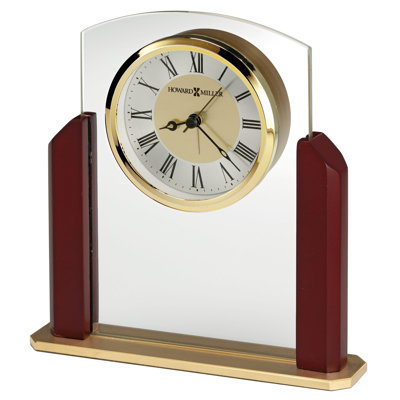 Modern & Contemporary Roman Numeral Rosewood Quartz Movement / Crystal Alarm Tabletop Clock in Satin Rosewood/Silver/Brass