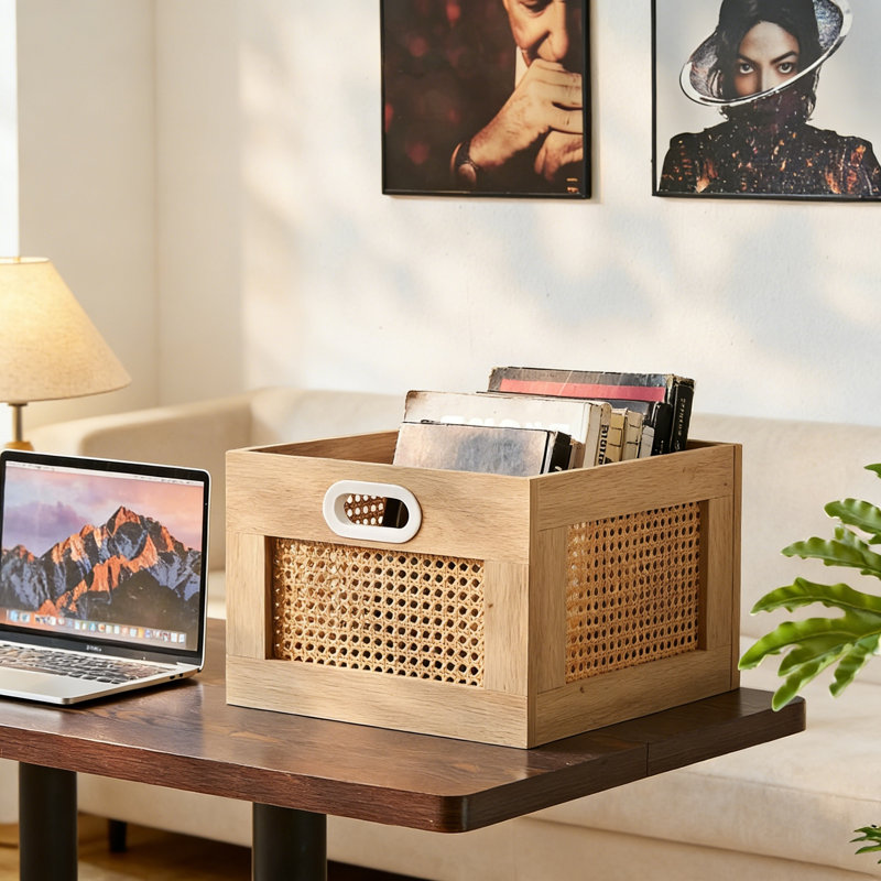 Rattan Vinyl Record Storage Crate with Handle, Holds 75 LPs, Beige