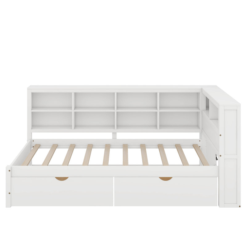 Lit de jour en bois avec tiroirs, tablette et port USB, Lit simple, Blanc