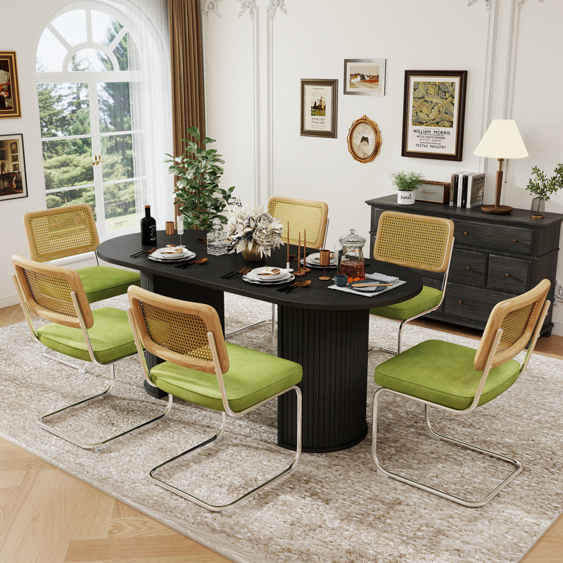 6 - Person Dining Table Sets With 70.8'' Oval Dining Table & 4 Upholstered Rattan Dining Chairs, Black, Green/Light Brown