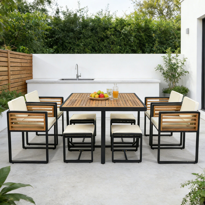 9-Piece Acacia Wood 8-Person Patio Dining Set, Beige