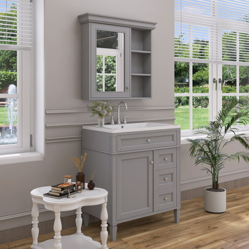 Meuble-lavabo simple 30 po avec comptoir en céramique et armoire à pharmacie Shabir, Gris