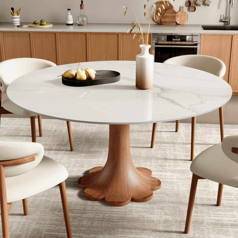 Mid-Century Modern Snow/Sand Sintered Stone Round Colyer Solid Wood Floral-Shaped Pedestal Walnut/Dark Walnut Tone (1 Table, 4/6/8 Chairs)