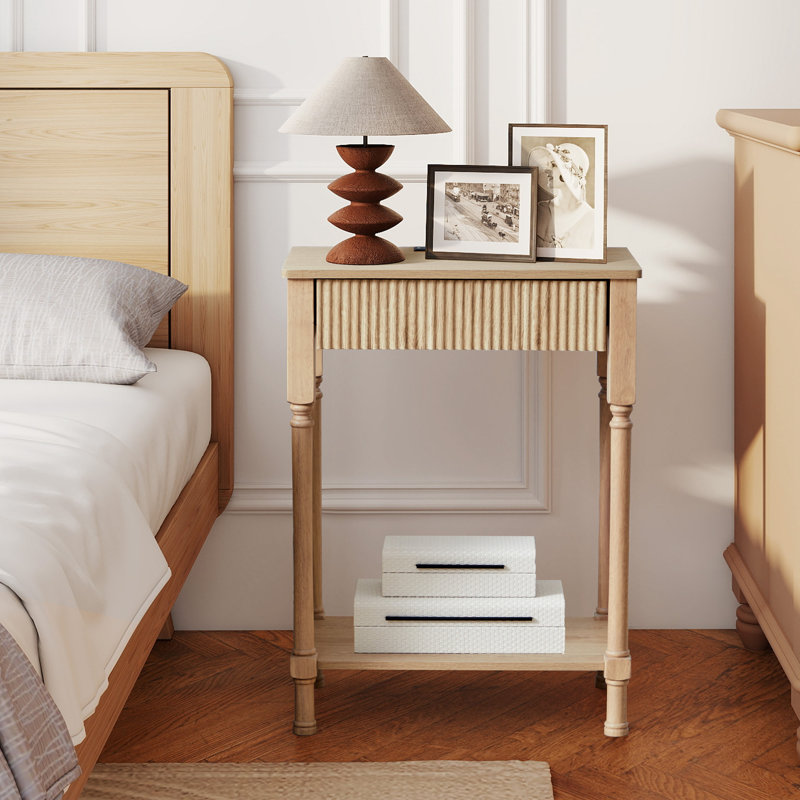 Farmhouse End Table With Storage And Built-In Charging Outlets, Natural