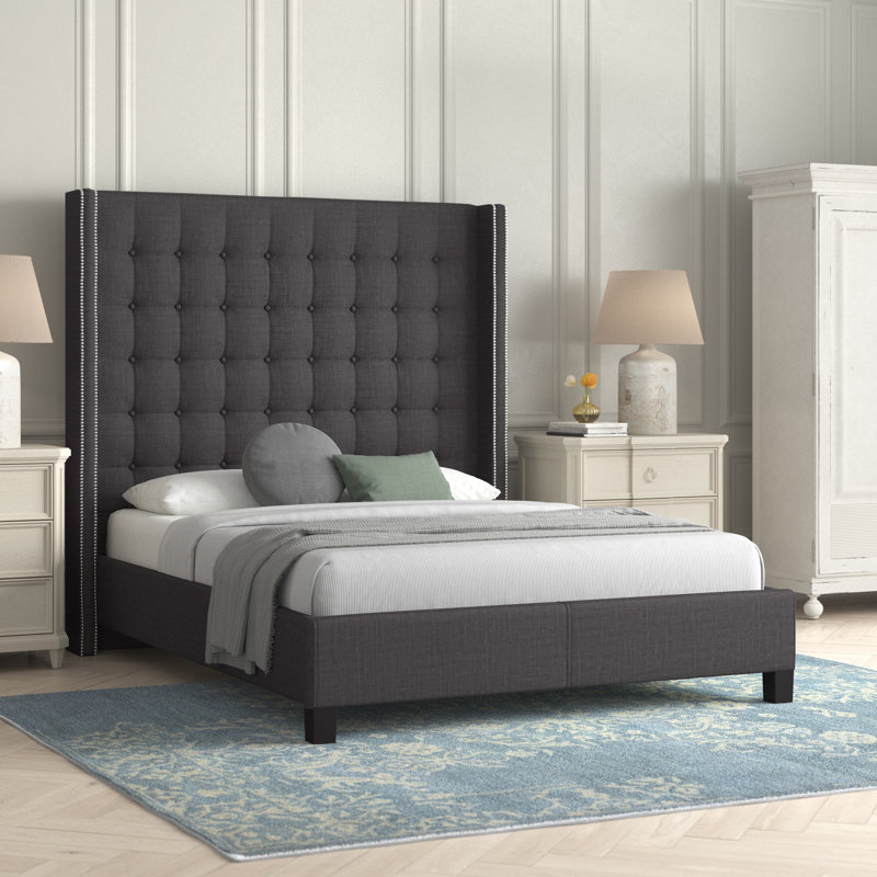 Kaster Upholstered Wingback Bed, King, Heathered Dark Grey Linen