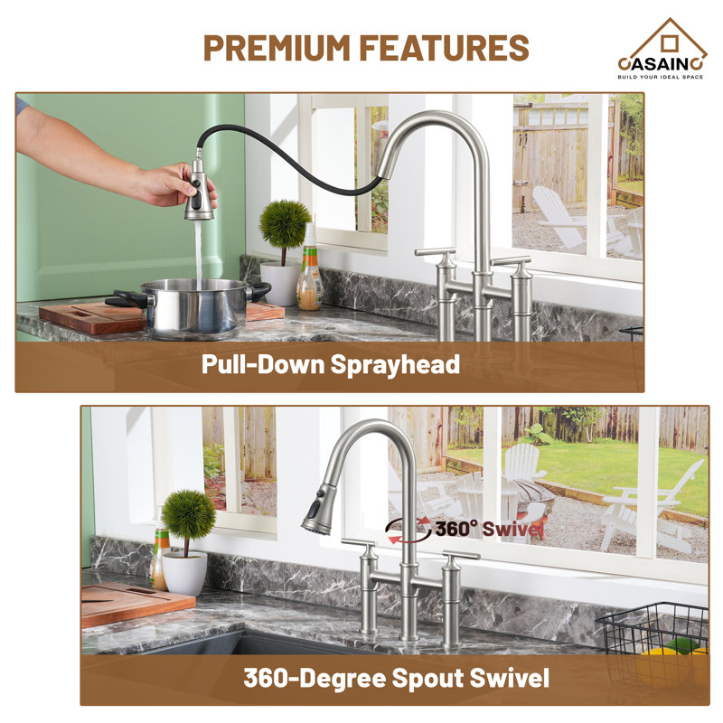 Brushed Nickel Double Handle Bridge Kitchen Faucet with Pull-out Spray