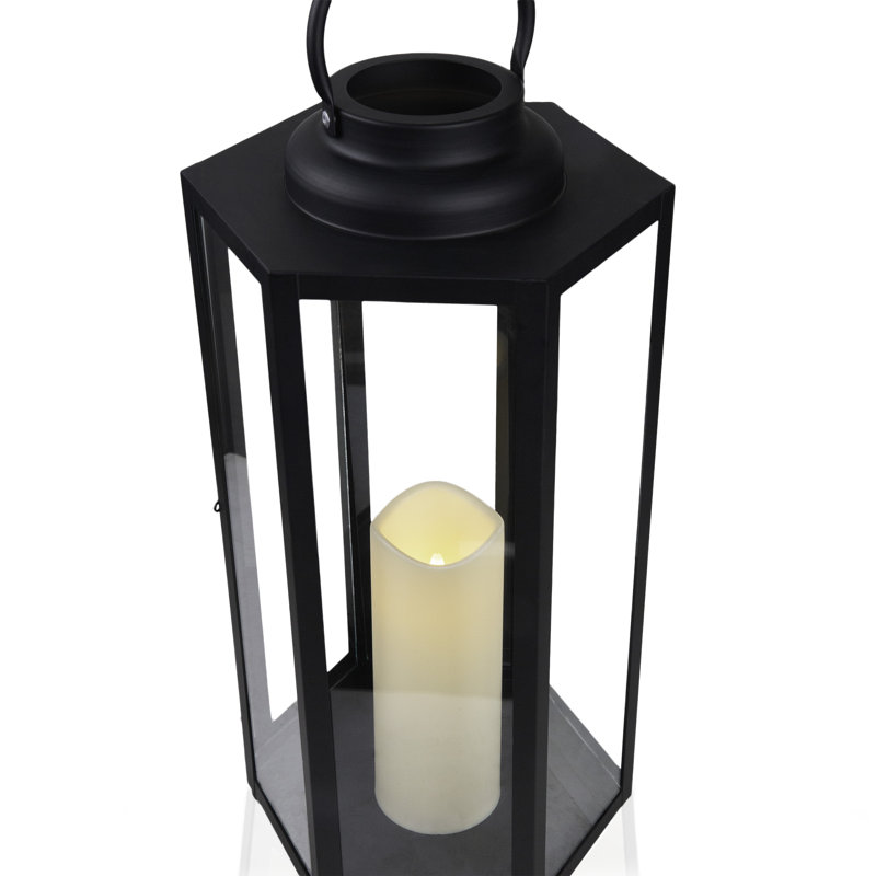 Black 18" Hanging Iron Candle Lantern with LED Lights