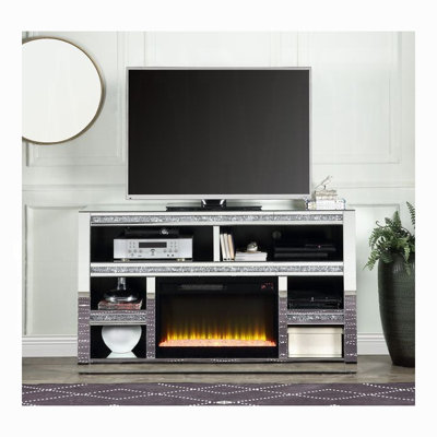 Meuble télé en miroir Noralie avec incrustation de faux diamants et 6 compartiments ouverts (compatible avec foyer)