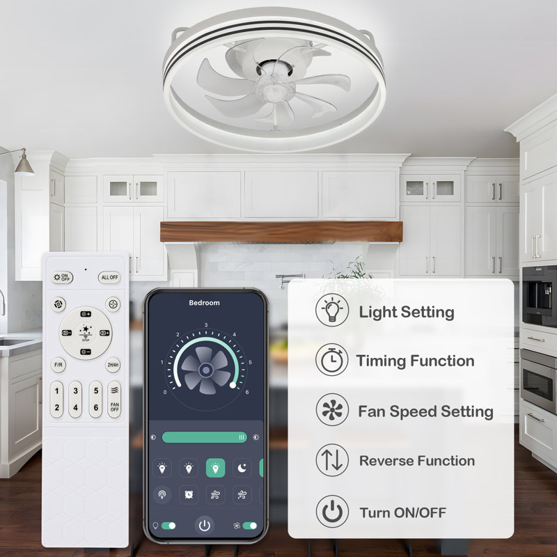 Ventilateur de plafond encastré à profil bas 20 po avec 3 lumières DEL à intensité variable de température de couleur, Blanc