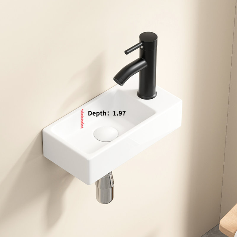 American Traditional Left Hand Wall Hung Rectangle Ceramic Cloakroom Sink, Milk White, 14*7*3Inch, Single Tap Hole, Good For Bathroom Wash Basin, Small White Hand, Hole Utility Room