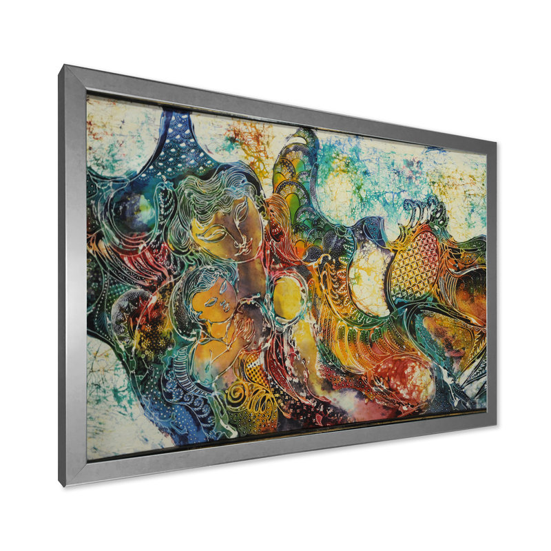Mother with Child in Batik - Peinture sur toile, H 16 po x l 32 po x P 1,5 po, Toile avec cadre argenté