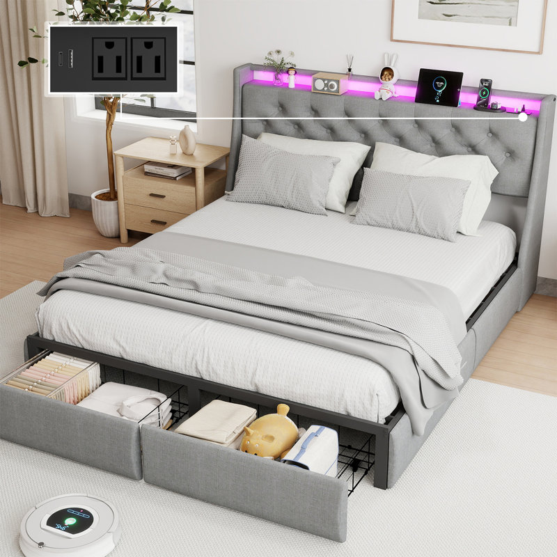 Oneita Upholstered LED Bed Frame With Storage Headboard Charging Station 2 Drawers Gray, Queen