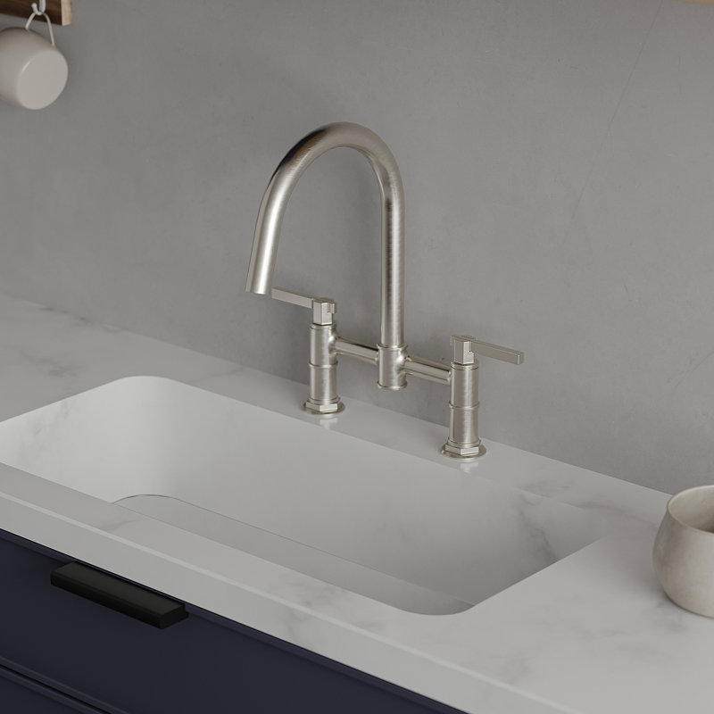 Modern Double Handle 2-Holes Deck Mount Bridge Kitchen Faucet With 360 Swivel Spout Sink Faucet, Brushed Nickel