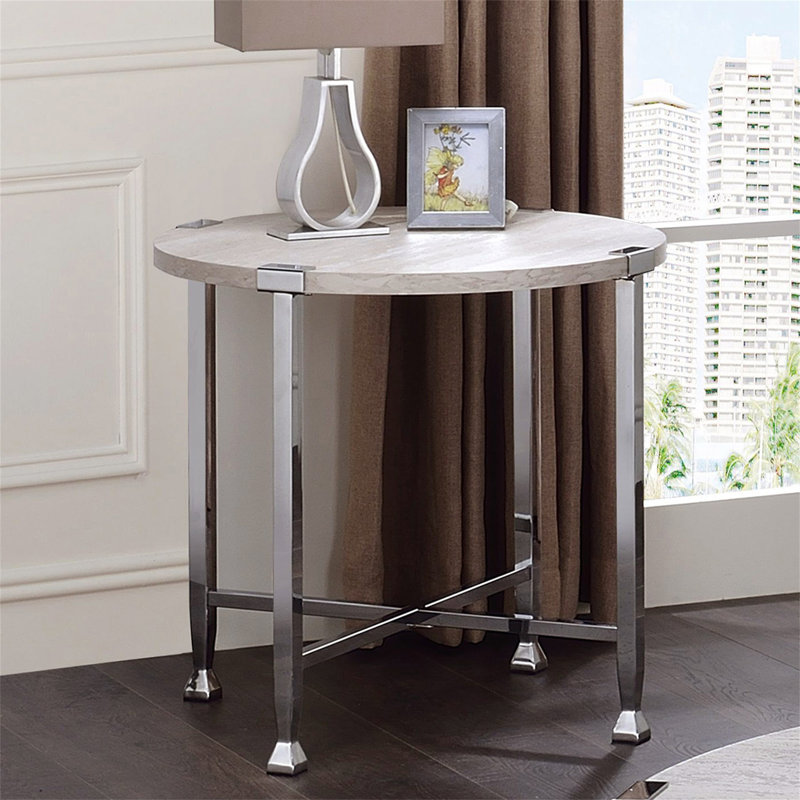 Table de bout ronde avec support en forme de X, chêne blanc et chrome