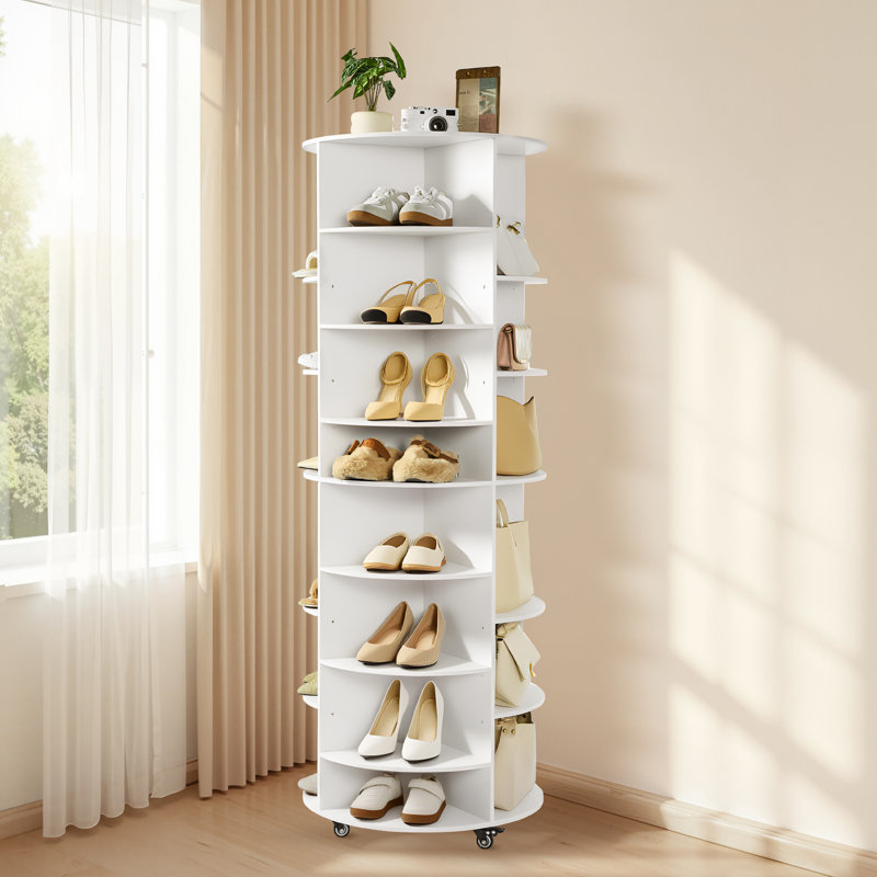 Étagère à chaussures rotative à 7 niveaux avec tablettes réglables, présentoir à roulettes pivotant à 360 ° et roulettes, organisateur Lazy Susan pour chambre à coucher, salon, vestibule, garde-robe, blanc